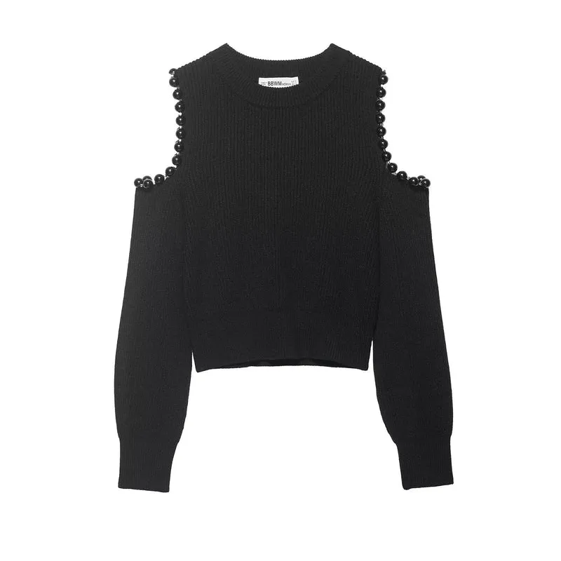Damen Gestrickter Cropped-Pullover mit Cut-Out-Schultern und Perlenbesatz Drune