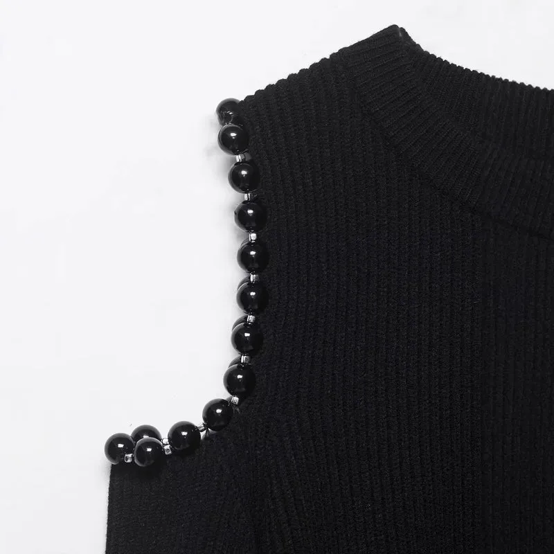 Damen Gestrickter Cropped-Pullover mit Cut-Out-Schultern und Perlenbesatz Drune