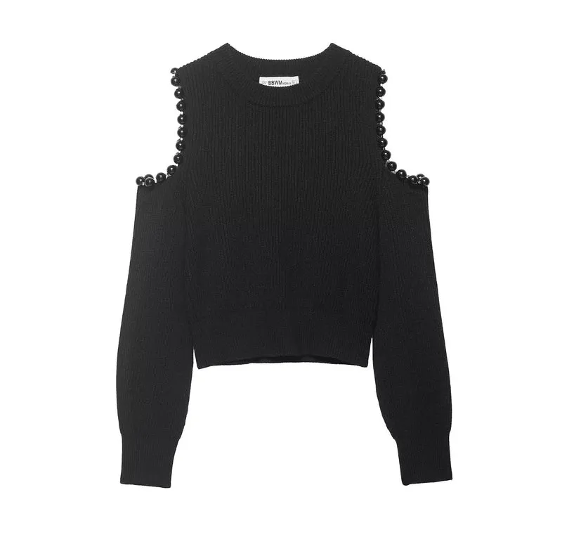 Damen Gestrickter Cropped-Pullover mit Cut-Out-Schultern und Perlenbesatz Drune