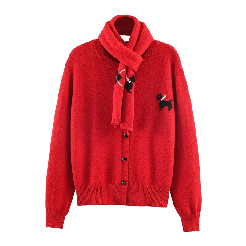 Damen Gestrickte Kurzjacke mit integriertem Schal und Hundeintarsie Drune