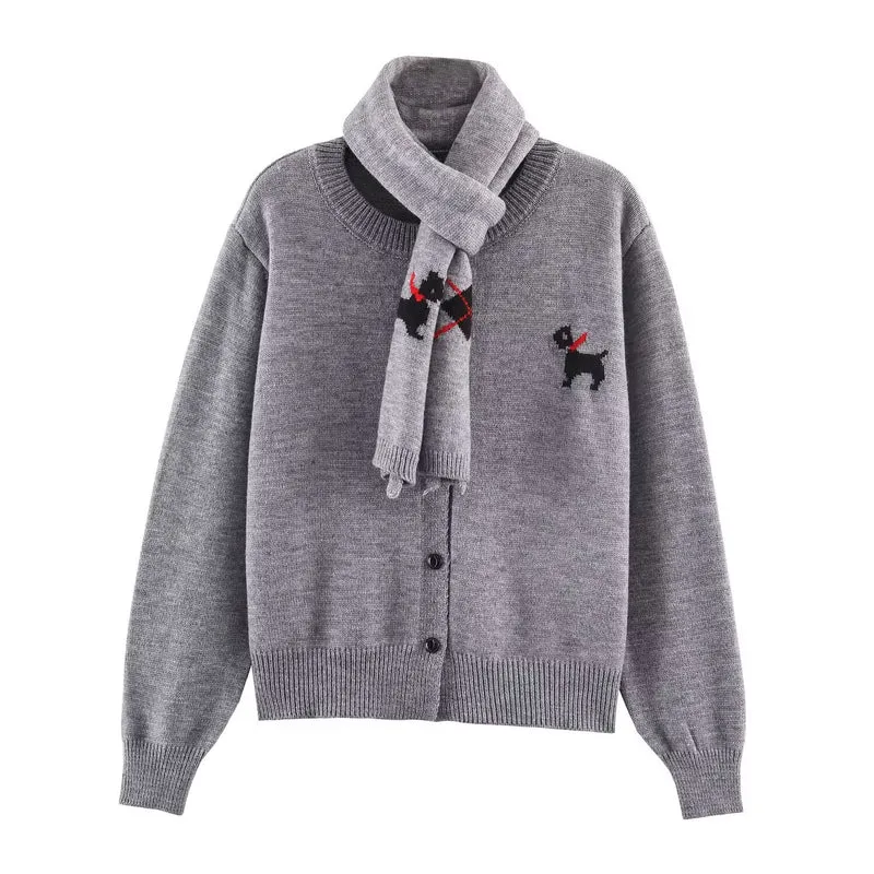 Damen Gestrickte Kurzjacke mit integriertem Schal und Hundeintarsie Drune