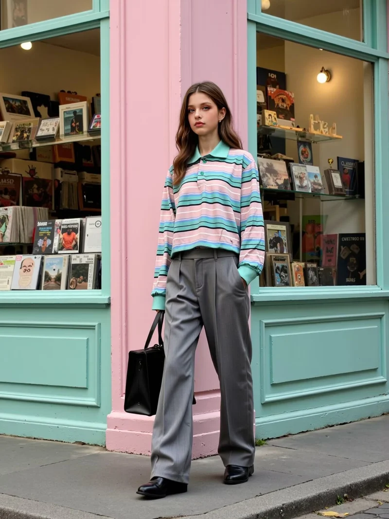 Damen Gestreiftes Poloshirt‑Sweatshirt aus Baumwollmix mit Kontrastkragen und gerippten Bündchen Drune