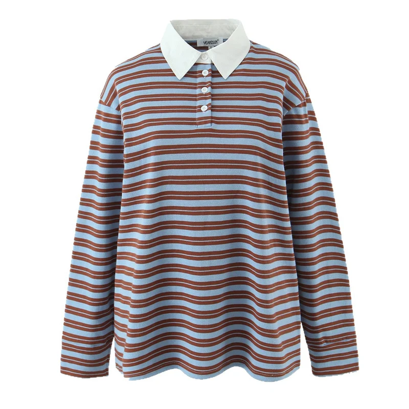 Damen Gestreiftes Oversize-Rugbyshirt mit kontrastierendem Hemdkragen und Knopfleiste Drune