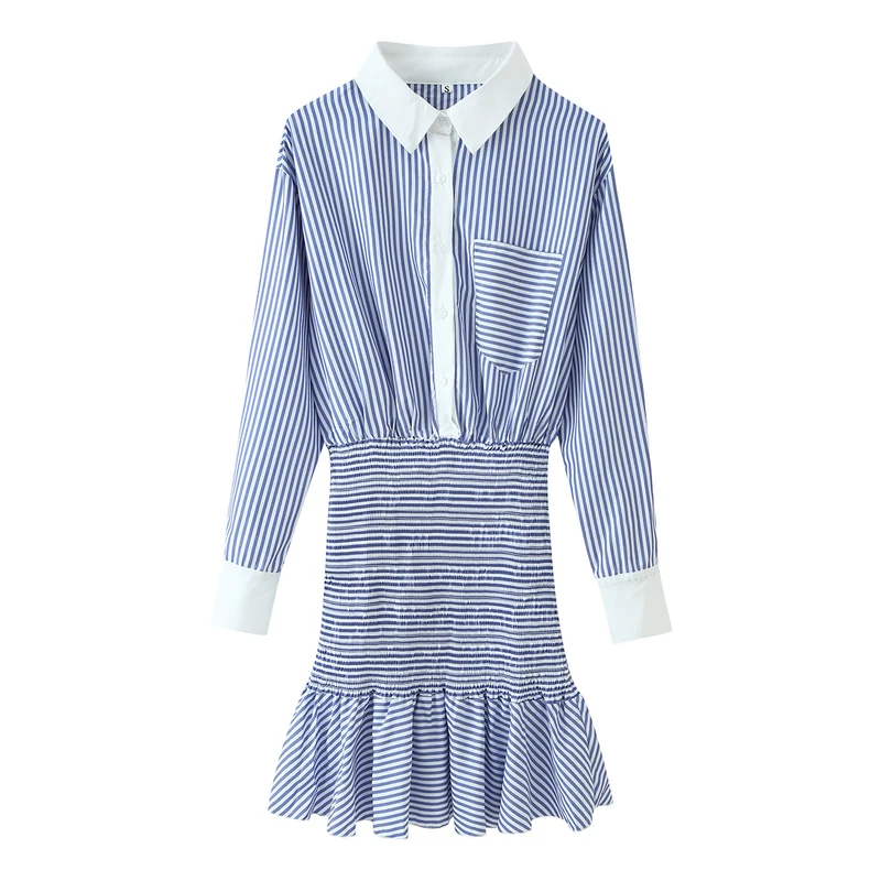 Damen Gestreiftes Hemdblusenkleid mit Taillen-Smokung, Schößchen und Kontrastkragen Drune