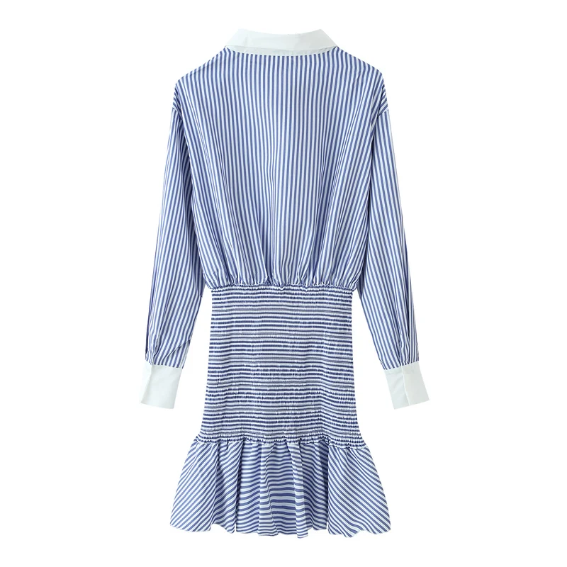 Damen Gestreiftes Hemdblusenkleid mit Taillen-Smokung, Schößchen und Kontrastkragen Drune