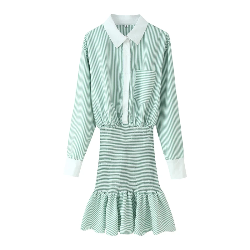 Damen Gestreiftes Hemdblusenkleid mit Taillen-Smokung, Schößchen und Kontrastkragen Drune