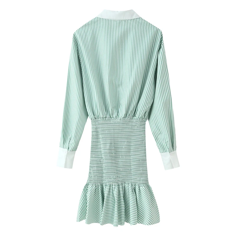 Damen Gestreiftes Hemdblusenkleid mit Taillen-Smokung, Schößchen und Kontrastkragen Drune