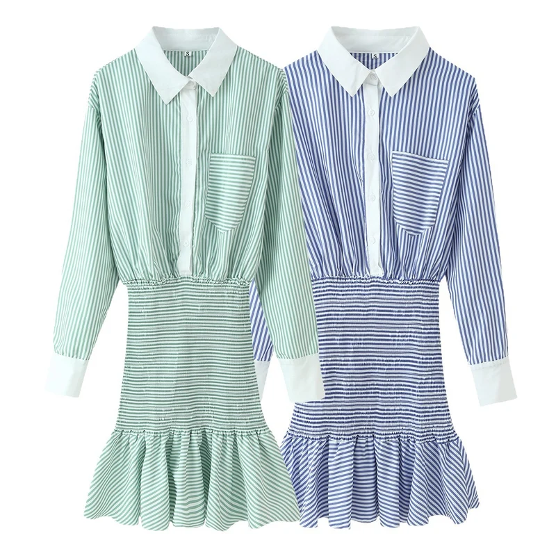 Damen Gestreiftes Hemdblusenkleid mit Taillen-Smokung, Schößchen und Kontrastkragen Drune