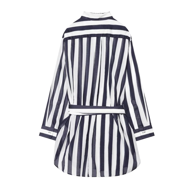 Damen Gestreiftes Hemdblusenkleid mit Bindegürtel und Oversize-Silhouette Drune