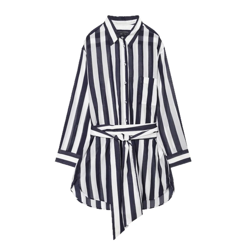 Damen Gestreiftes Hemdblusenkleid mit Bindegürtel und Oversize-Silhouette Drune