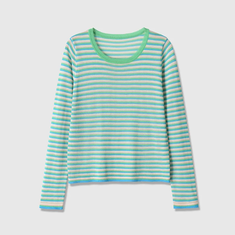 Damen Gestreiftes Feinstrick-Longsleeve mit Rundhalsausschnitt und Cropped-Boxy-Schnitt Drune