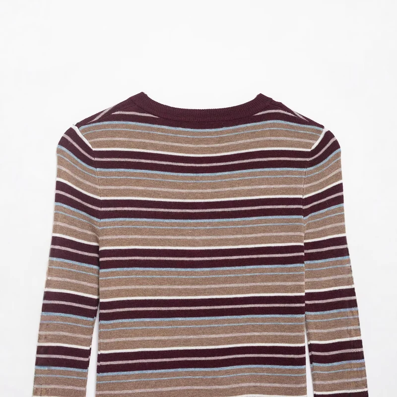 Damen Gestreiftes Feinstrick-Henleyshirt mit Knopfleiste und schlanker Passform Drune