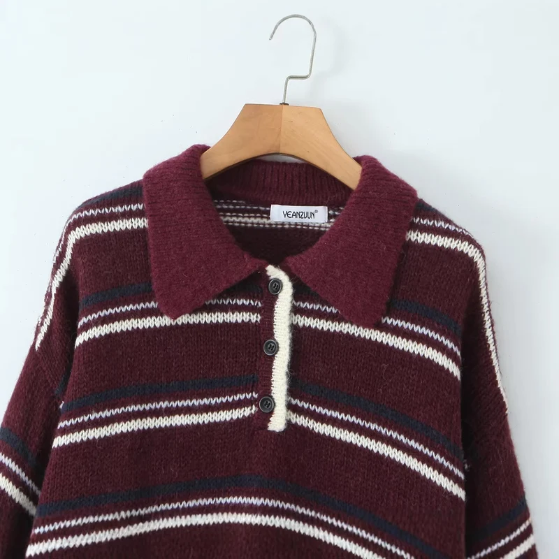 Damen Gestreifter Strickpullover mit Polokragen und oversize Ärmeln Drune