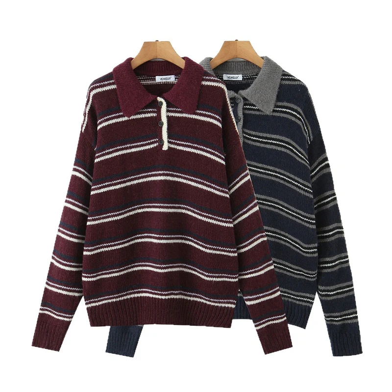 Damen Gestreifter Strickpullover mit Polokragen und oversize Ärmeln Drune