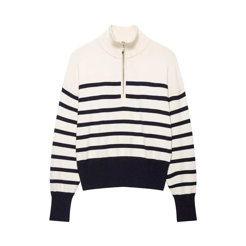 Damen Gestreifter Strickpullover mit halbem Reißverschluss und Stehkragen Drune