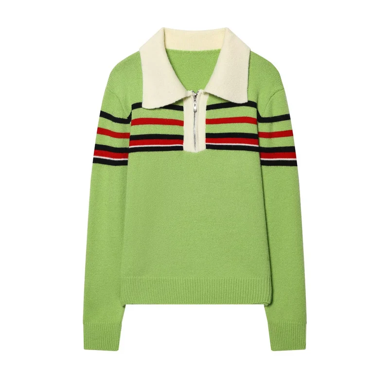 Damen Gestreifter Strickpullover mit halbem Reißverschluss und großem Hemdkragen Drune