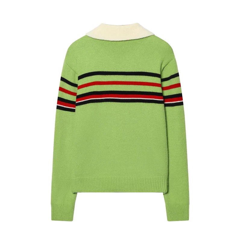 Damen Gestreifter Strickpullover mit halbem Reißverschluss und großem Hemdkragen Drune