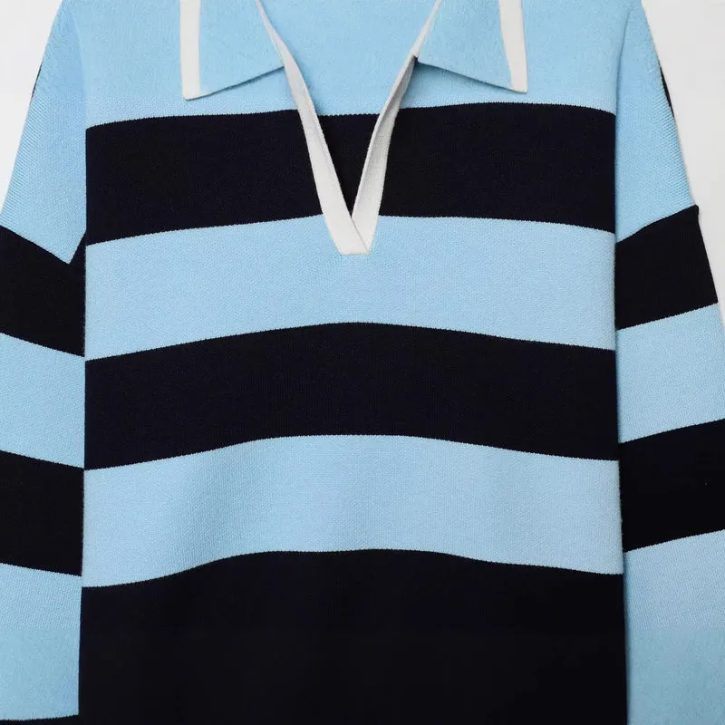 Damen Gestreifter Rugby-Pullover mit Polokragen und V-Ausschnitt Drune