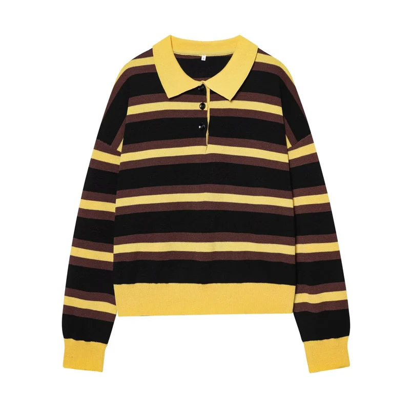 Damen Gestreifter Rugby-Pullover mit Polokragen und Knopfleiste Drune