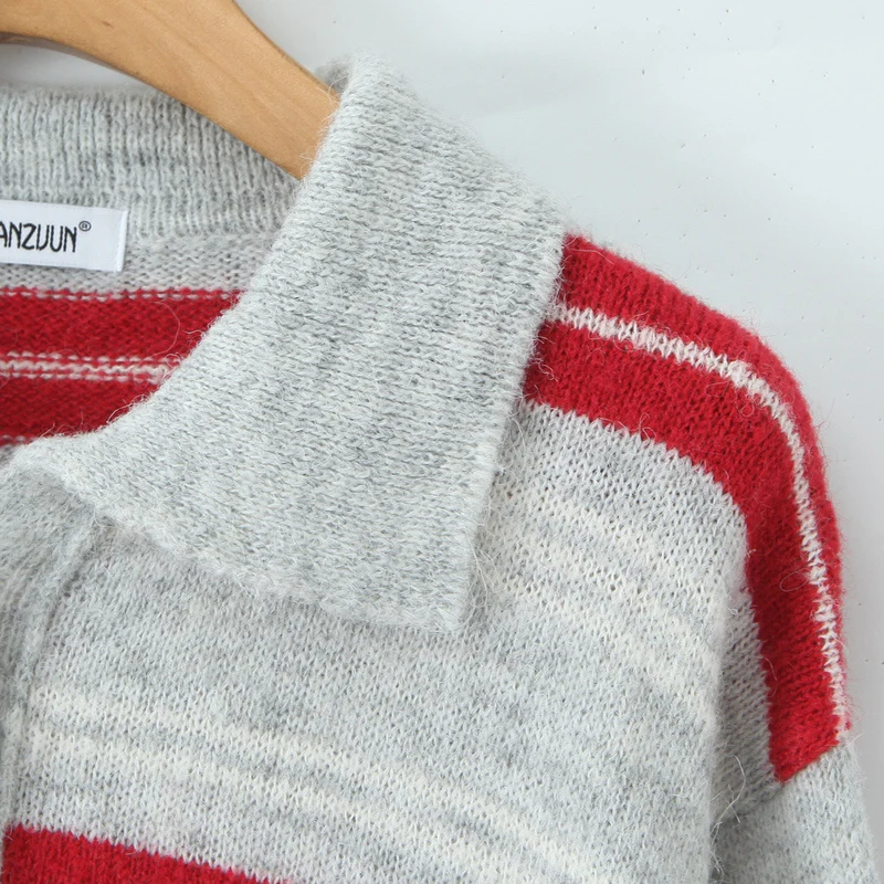 Damen Gestreifter Polokragen-Strickpullover im Oversize-Look Drune