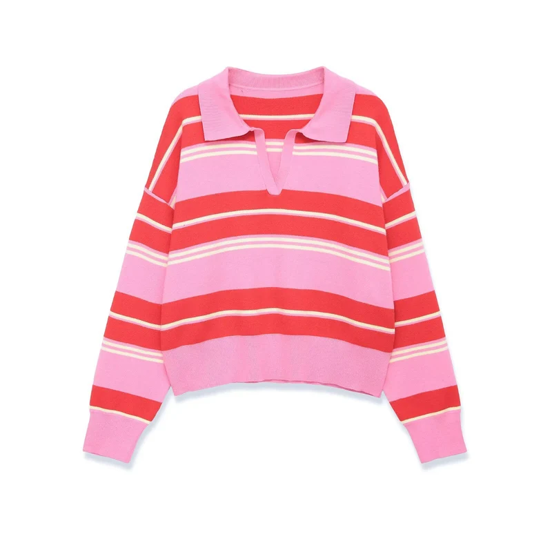 Damen Gestreifter Polokragen-Pullover im Cropped‑Oversize‑Schnitt aus Feinstrick Drune