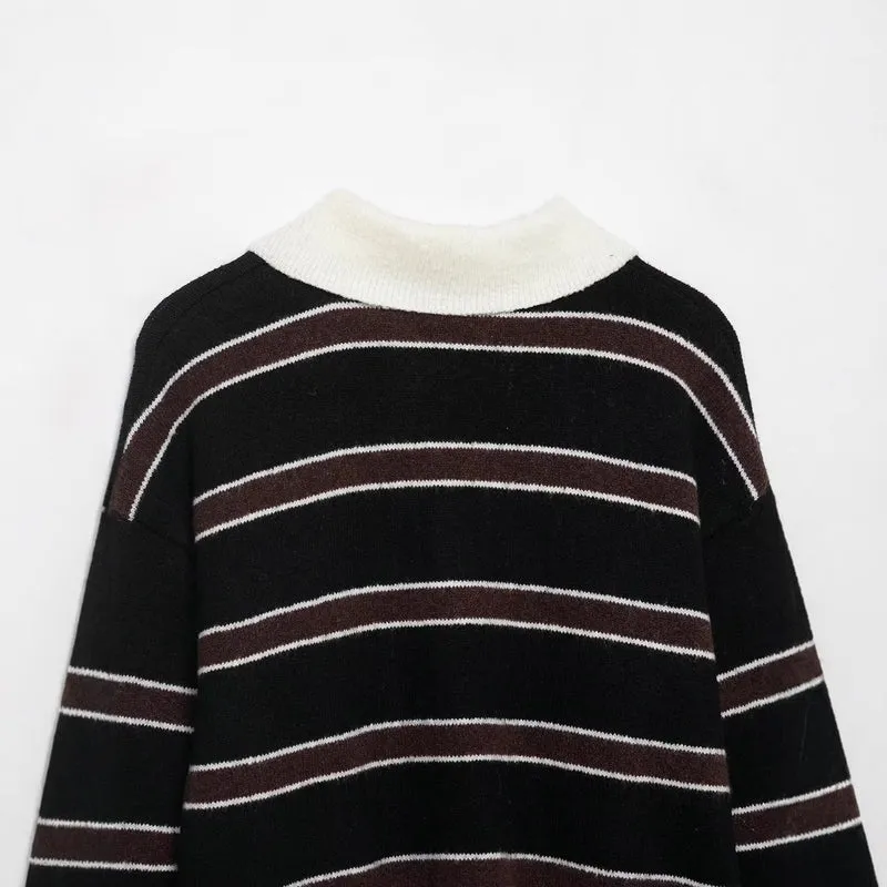 Damen Gestreifter Polokragen-Pullover aus weichem Strukturstrick mit Knopfleiste Drune