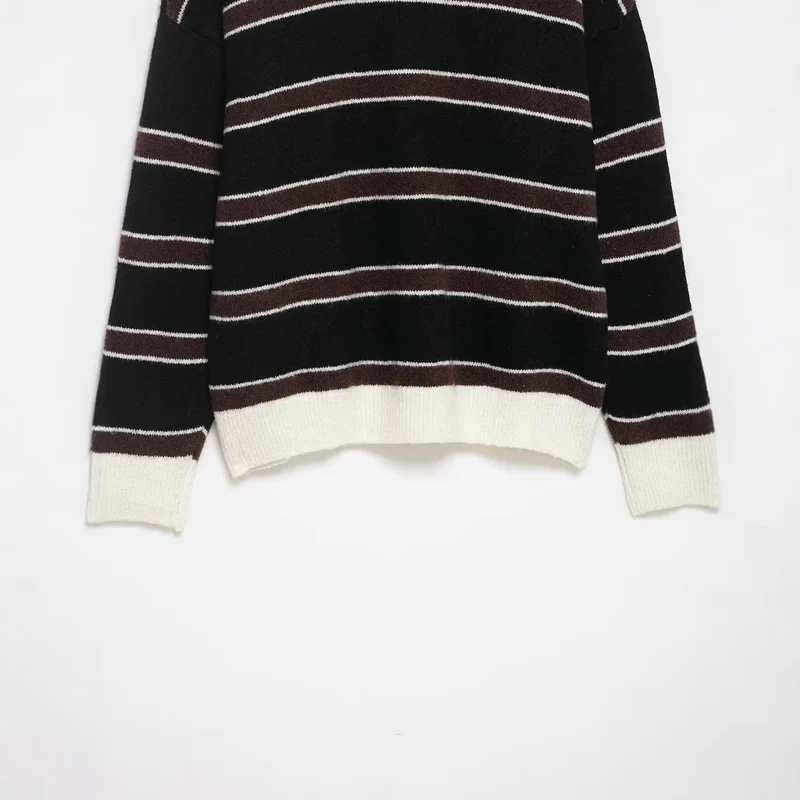 Damen Gestreifter Polokragen-Pullover aus weichem Strukturstrick mit Knopfleiste Drune