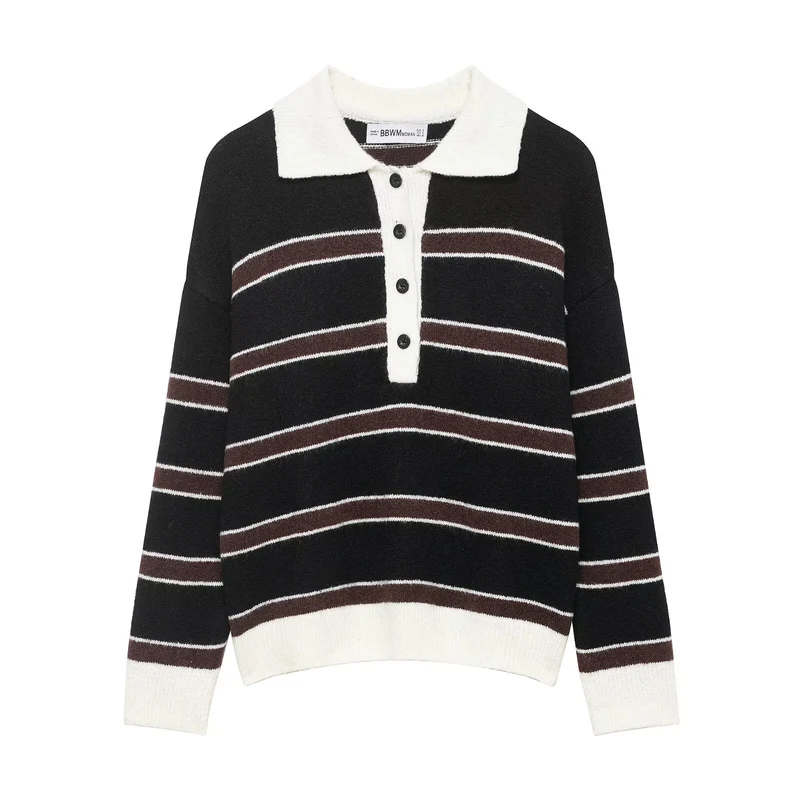 Damen Gestreifter Polokragen-Pullover aus weichem Strukturstrick mit Knopfleiste Drune