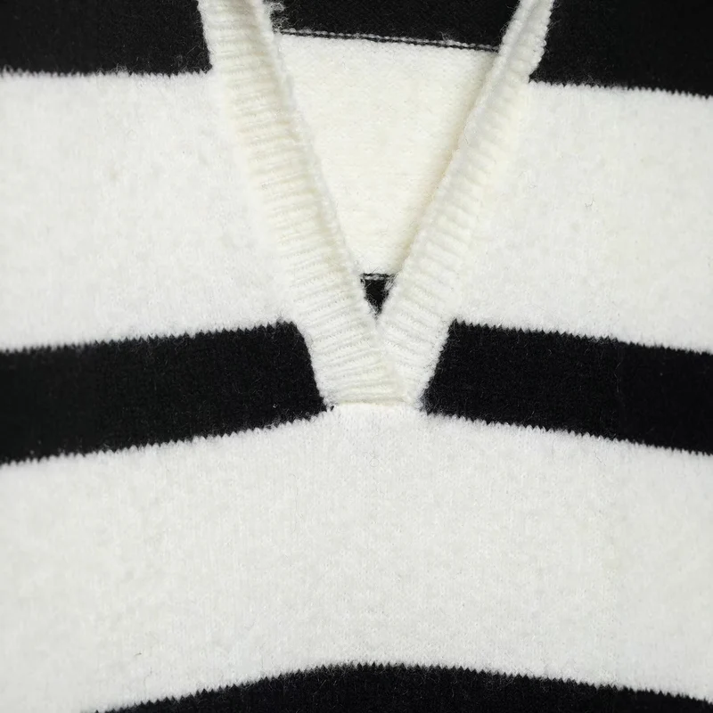 Damen Gestreifter Oversize-Pullover mit Polokragen und tiefem V-Ausschnitt Drune