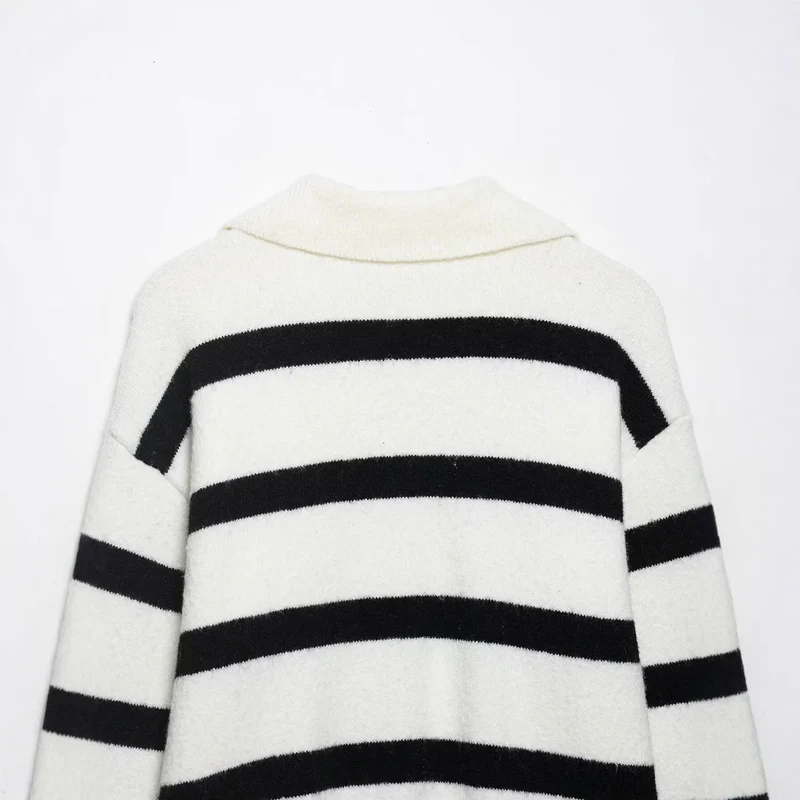 Damen Gestreifter Oversize-Pullover mit Polokragen und tiefem V-Ausschnitt Drune