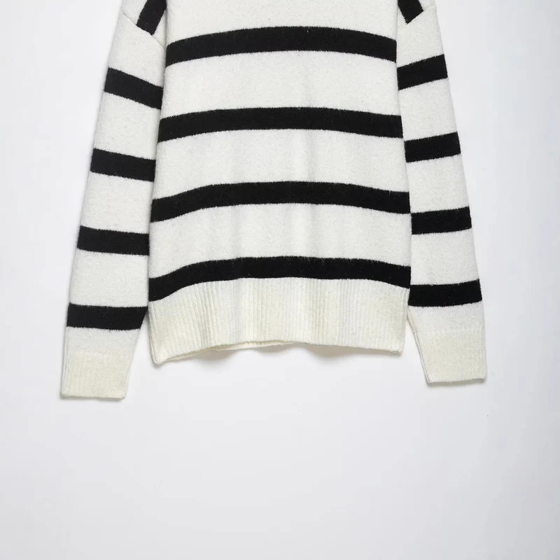 Damen Gestreifter Oversize-Pullover mit Polokragen und tiefem V-Ausschnitt Drune