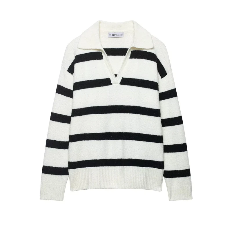 Damen Gestreifter Oversize-Pullover mit Polokragen und tiefem V-Ausschnitt Drune