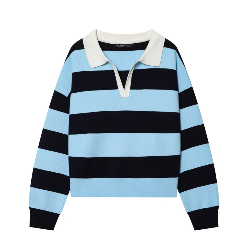 Damen gestreifter kurzer Rugby-Strickpullover mit offenem V-Ausschnitt und Hemdkragen Drune