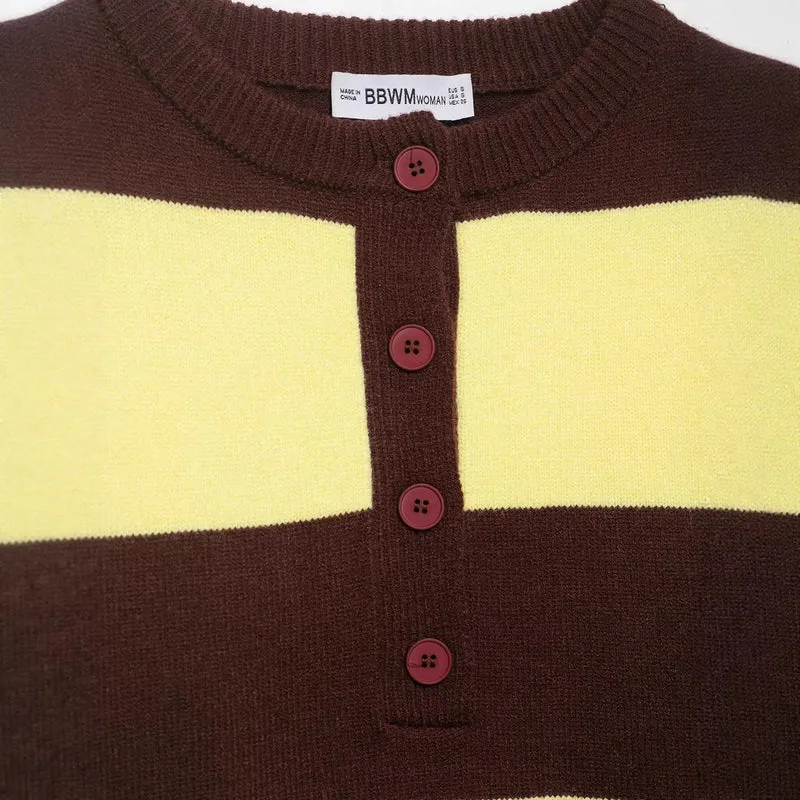 Damen Gestreifter Grobstrick-Pullover im Boxy-Cropped-Schnitt mit Henley-Knopfleiste Drune