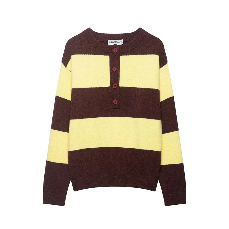 Damen Gestreifter Grobstrick-Pullover im Boxy-Cropped-Schnitt mit Henley-Knopfleiste Drune