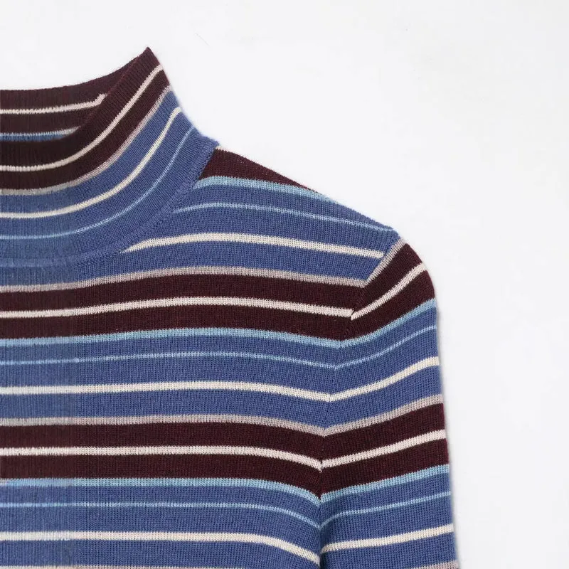 Damen Gestreifter Feinstrick-Rollkragenpullover mit schmaler Rippenstruktur Drune