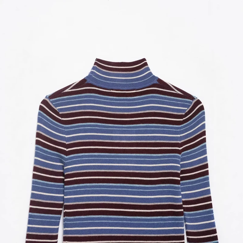 Damen Gestreifter Feinstrick-Rollkragenpullover mit schmaler Rippenstruktur Drune