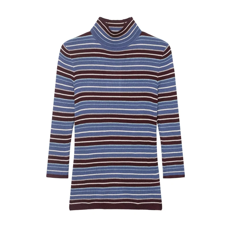 Damen Gestreifter Feinstrick-Rollkragenpullover mit schmaler Rippenstruktur Drune