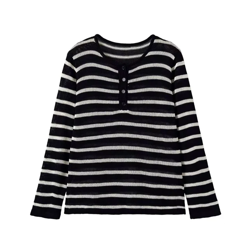 Damen Gestreifter Feinstrick-Pullover mit Knopfleiste und Rundhalsausschnitt Drune