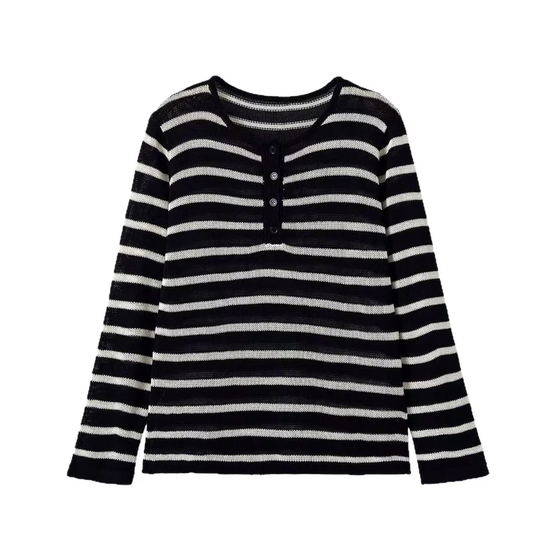 Damen Gestreifter Feinstrick-Pullover mit Knopfleiste und Rundhalsausschnitt Drune