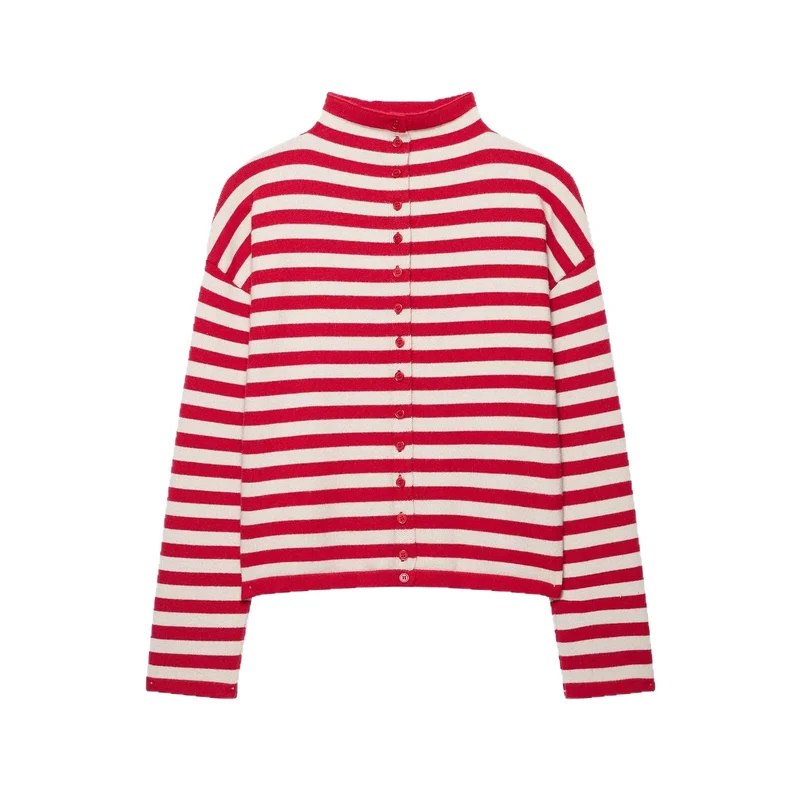 Damen Gestreifter Cropped-Strickcardigan mit Knopfleiste und Stehkragen Drune