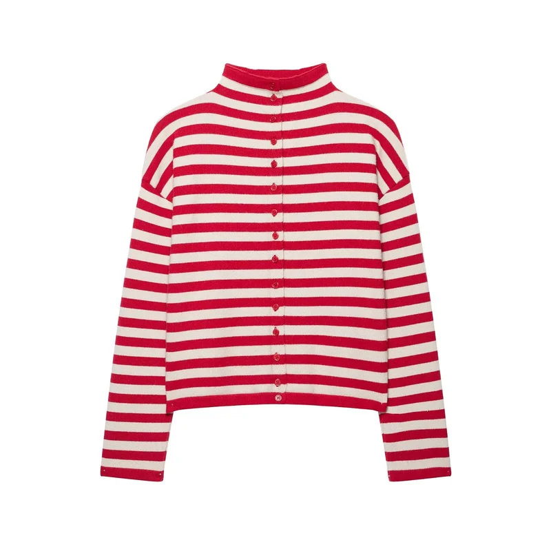 Damen Gestreifter Cropped-Strickcardigan mit Knopfleiste und Stehkragen Drune