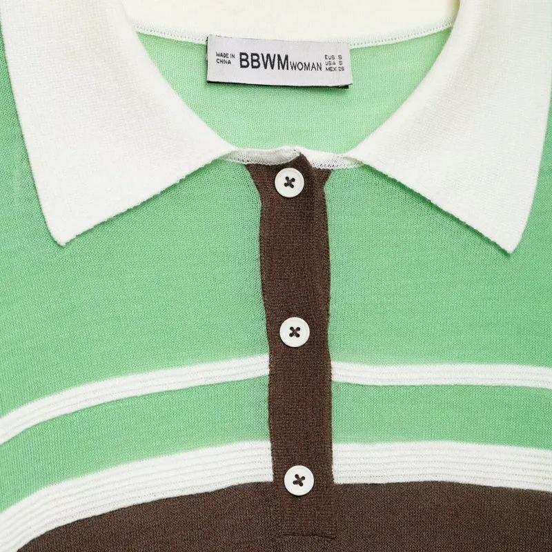Damen Gestreifter Cropped‑Polo‑Pullover mit Knopfleiste und Rippbündchen Drune