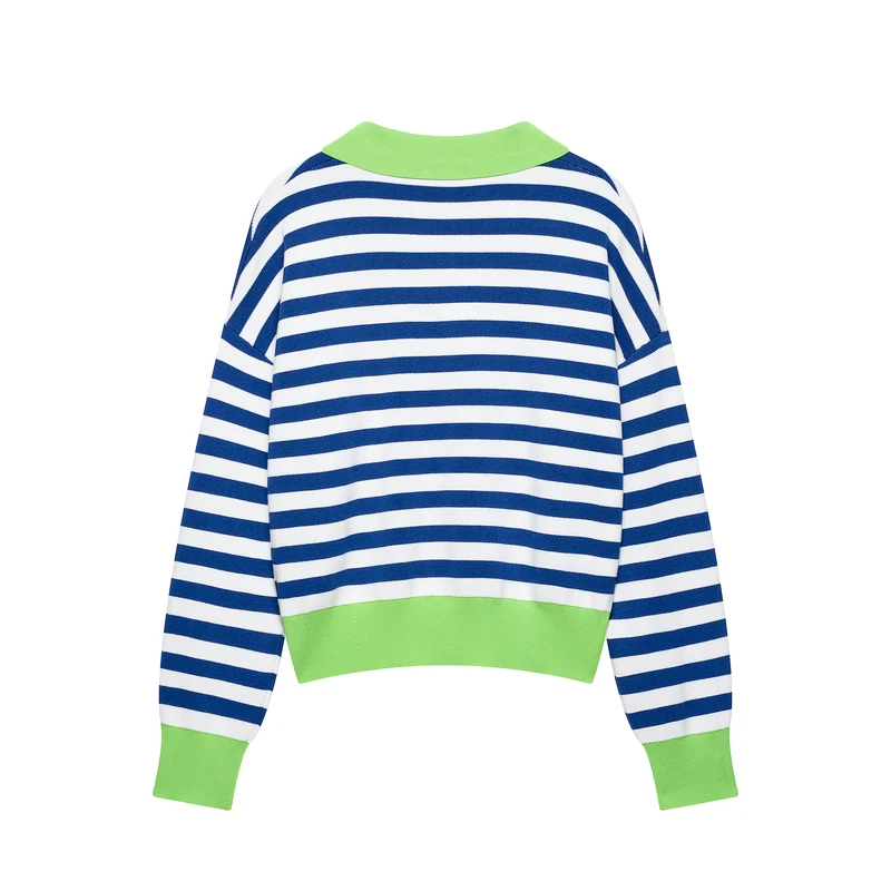 Damen Gestreifter Cropped‑Polo‑Pullover aus Feinstrick mit Ballonärmeln Drune