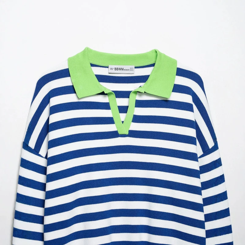 Damen Gestreifter Cropped‑Polo‑Pullover aus Feinstrick mit Ballonärmeln Drune