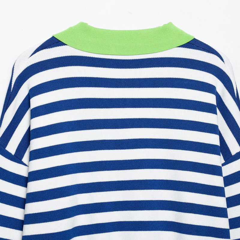 Damen Gestreifter Cropped‑Polo‑Pullover aus Feinstrick mit Ballonärmeln Drune