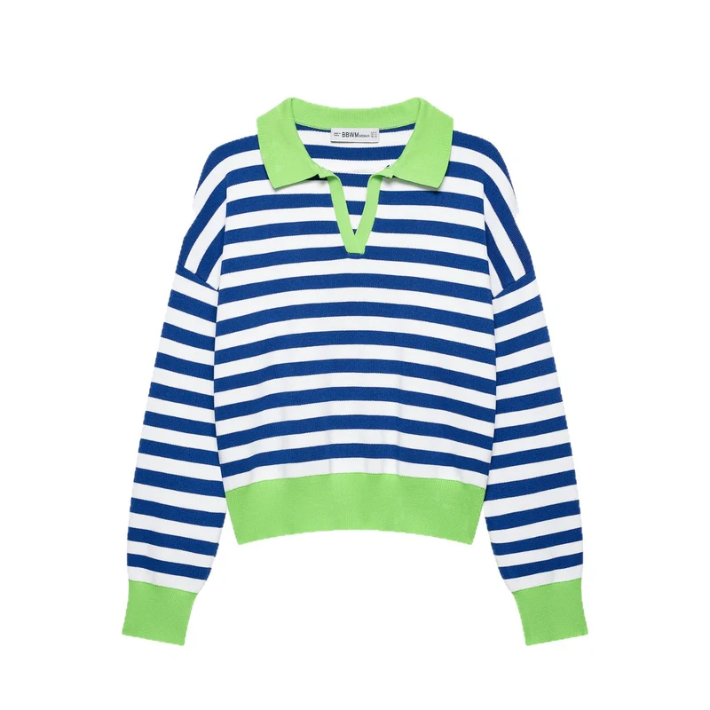Damen Gestreifter Cropped‑Polo‑Pullover aus Feinstrick mit Ballonärmeln Drune