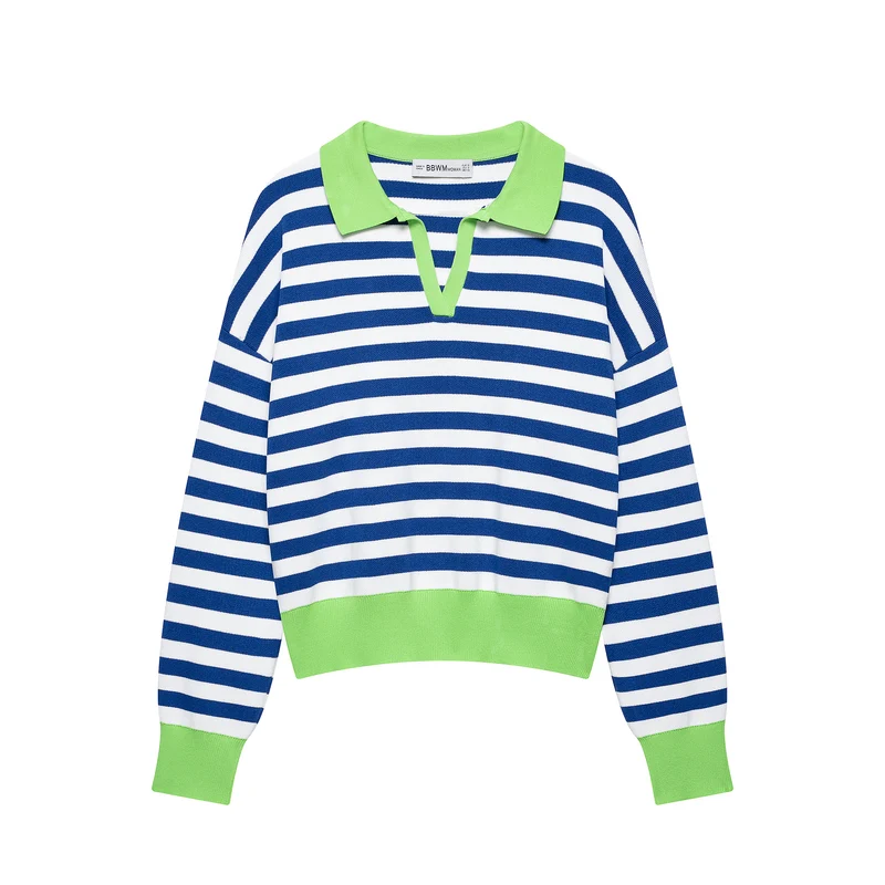 Damen Gestreifter Cropped‑Polo‑Pullover aus Feinstrick mit Ballonärmeln Drune