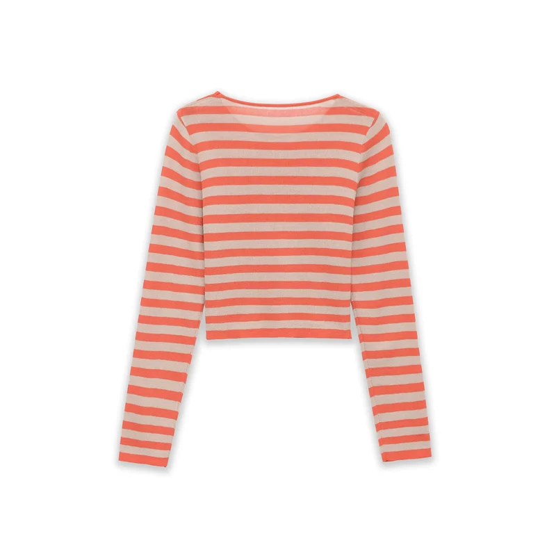 Damen Gestreifter Cropped-Feinstrickpullover mit U-Boot-Ausschnitt Drune