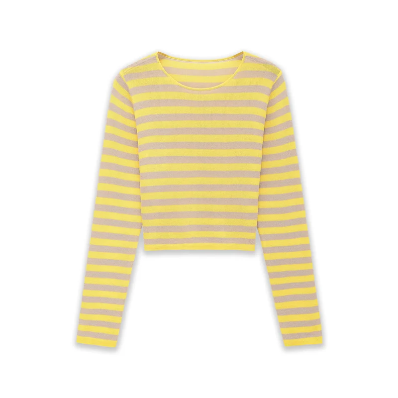 Damen Gestreifter Cropped-Feinstrickpullover mit U-Boot-Ausschnitt Drune